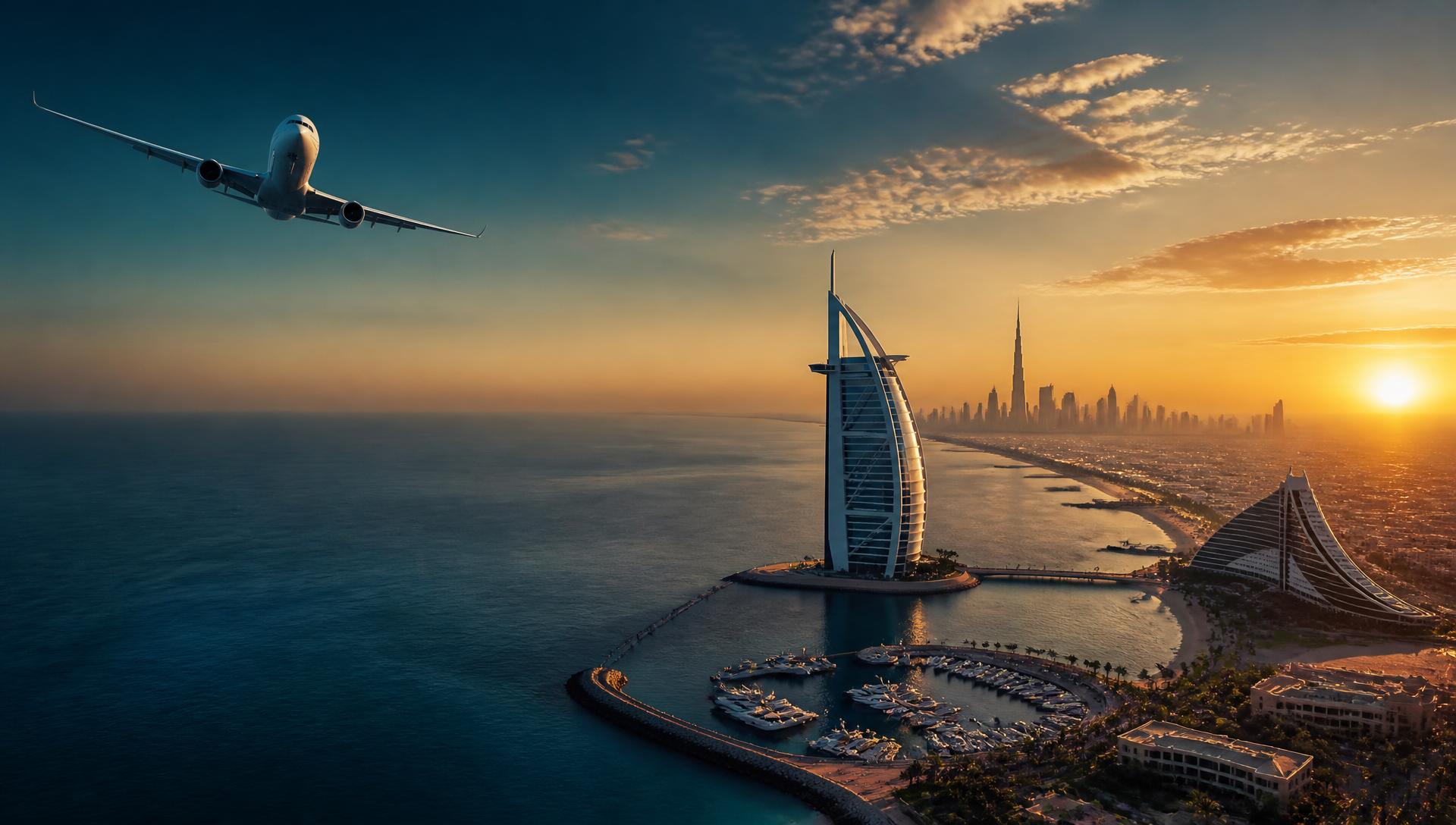 Airplane flying over a coastal city at golden hour